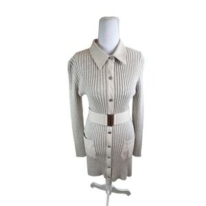 Fate Moscow Belted Mini Dress Oatmeal Beige Ribbed Knit Faux Leather Collar SM
